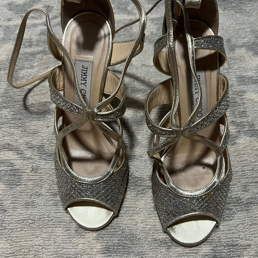 Jimmy Choo Silver Evening Heels with Strappy Design